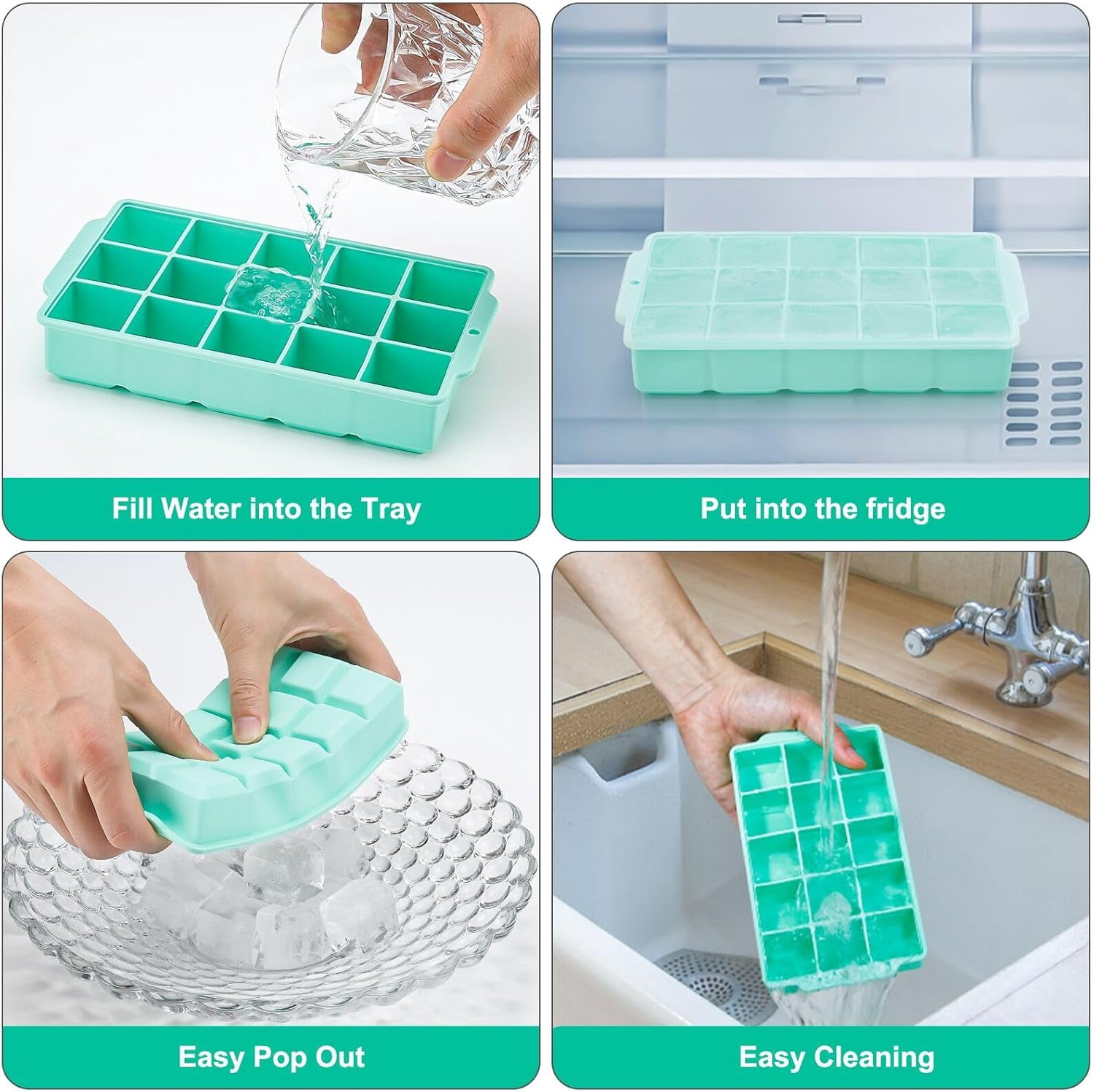 3-Pack Silicone Ice Cube Trays with Lids – 45 Cubes, Easy-Release, Leakproof – BPA-Free – Multicolor – 9.44"L x 8.26"W x 1.57"H