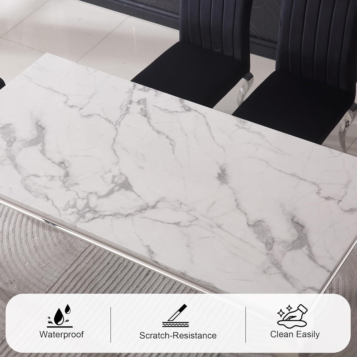 Faux Marble Dining Set of 7, Marble Pattern Table with S-Shaped Stainless Steel Legs, Velvet Dining Chairs with Nailhead Trim, Modern Style for Living Room, Dining Room, Conference Room