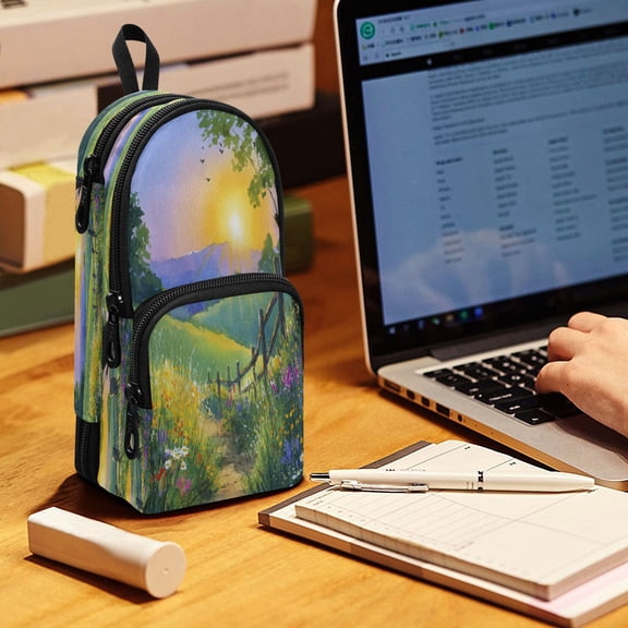 Backpack Pencil Case, 3 Compartment Large Capacity Oxford Fabric Pencil Pouch / Watercolor Sunset Country Path