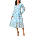 thumbnail image 1 of Vestido Boho Floral de Chiffon para Mujer con Mangas Largas, Semi Transparente, con Volantes y Capas, con Bolsillo, Azul XL, 1 of 6