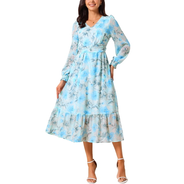 Vestido Boho Floral de Chiffon para Mujer con Mangas Largas, Semi Transparente, con Volantes y Capas, con Bolsillo, Azul XL