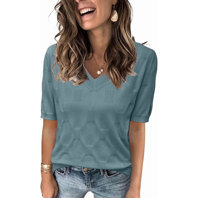 Arach&Cloz Women's V-Neck Short Sleeve Special Rib Knitted Pattern Casual Tops Sweater Spring Summer 2025
