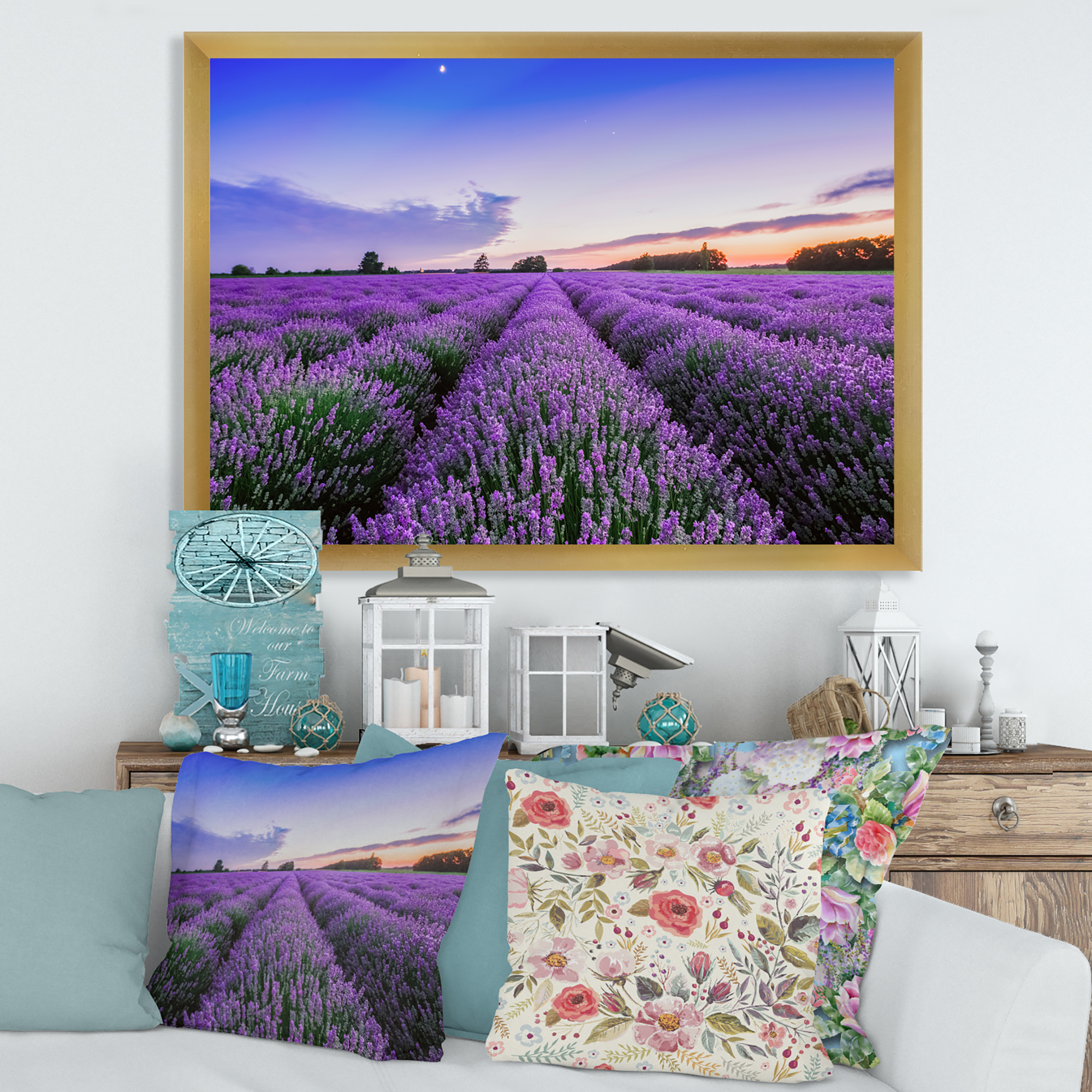 Designart 'Dramatic Clouds and Sunrise Over Lavender Field II' Farmhouse Framed Art Print