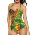 thumbnail image 6 of FKELYI Tie Dye Jamaican Flag Print Women Swimsuits One Piece Bikini Swimwear Halter Bathing Suits with Soft Pad Polyester Beachwear Tummy Control Monokini for Ladies Summer Vacation, M, 6 of 7