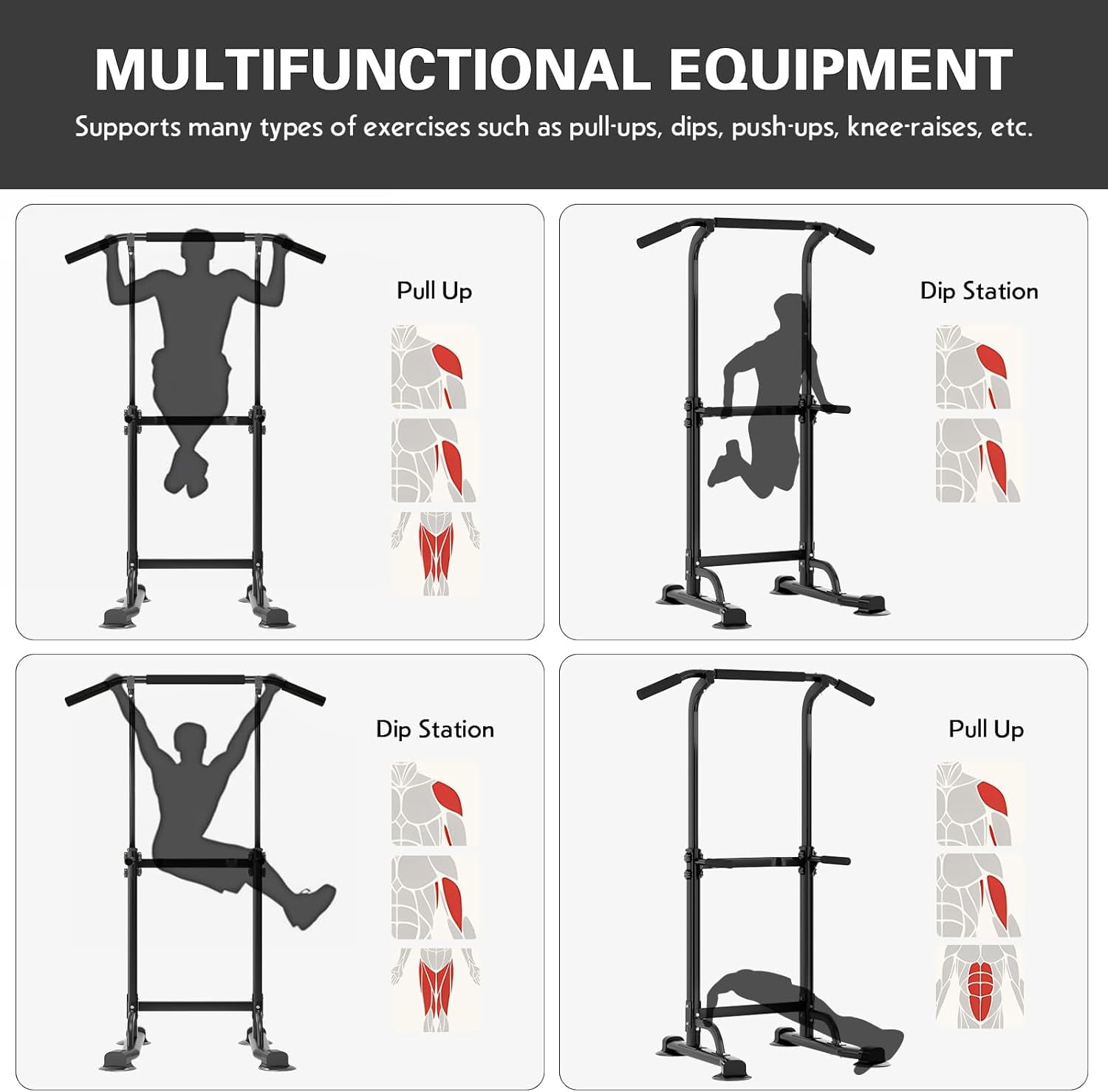 QHTER Power Tower Pull Up Bar Station, Free Standing Pull Up Rack Dip Station for Home Gym, Height Adjustable Home Strength Training Fitness Workout Equipment