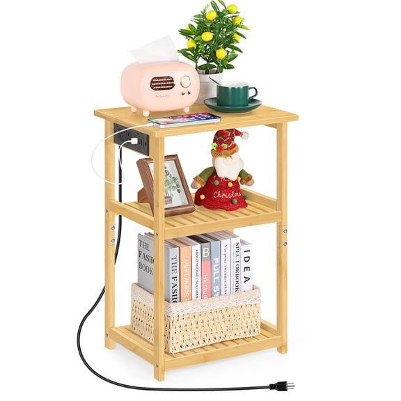 Wood Bamboo Nightstand with Charging Station, 3鈥慣ier Open Shelf End Table for Bedroom Living Room