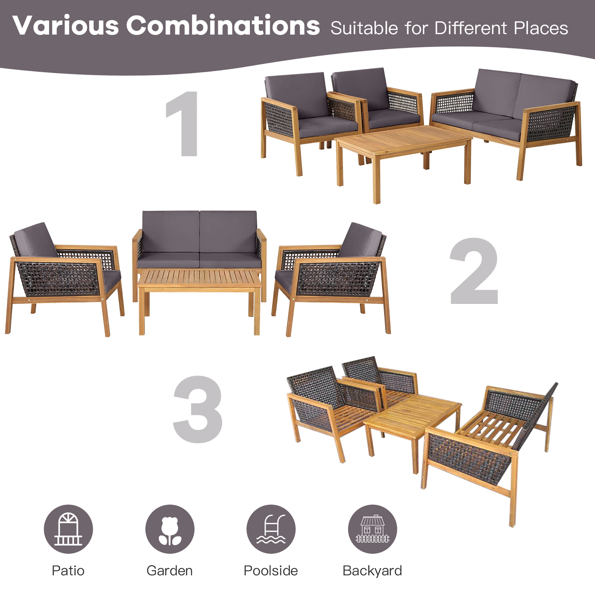 Costway 4PCS Patio Rattan Furniture Set Acacia Wood Cushioned Sofa Gray