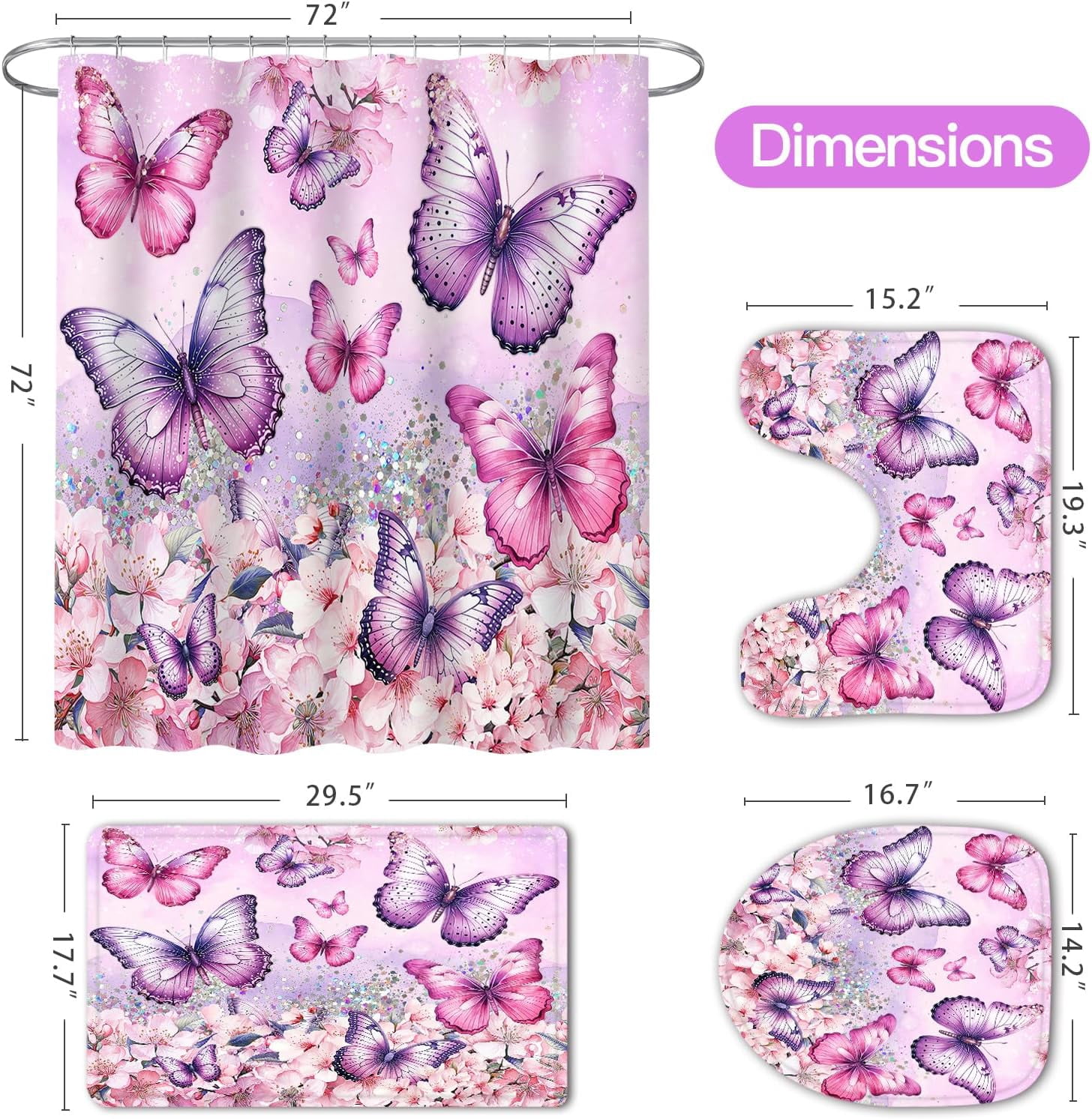 4 Pcs Purple Butterfly Shower Curtain Set with Non-Slip Rugs, Modern Toilet Lid Cover and Bath Mat, Floral Chic Bathroom Decor Set with Shower Curtain and Rugs