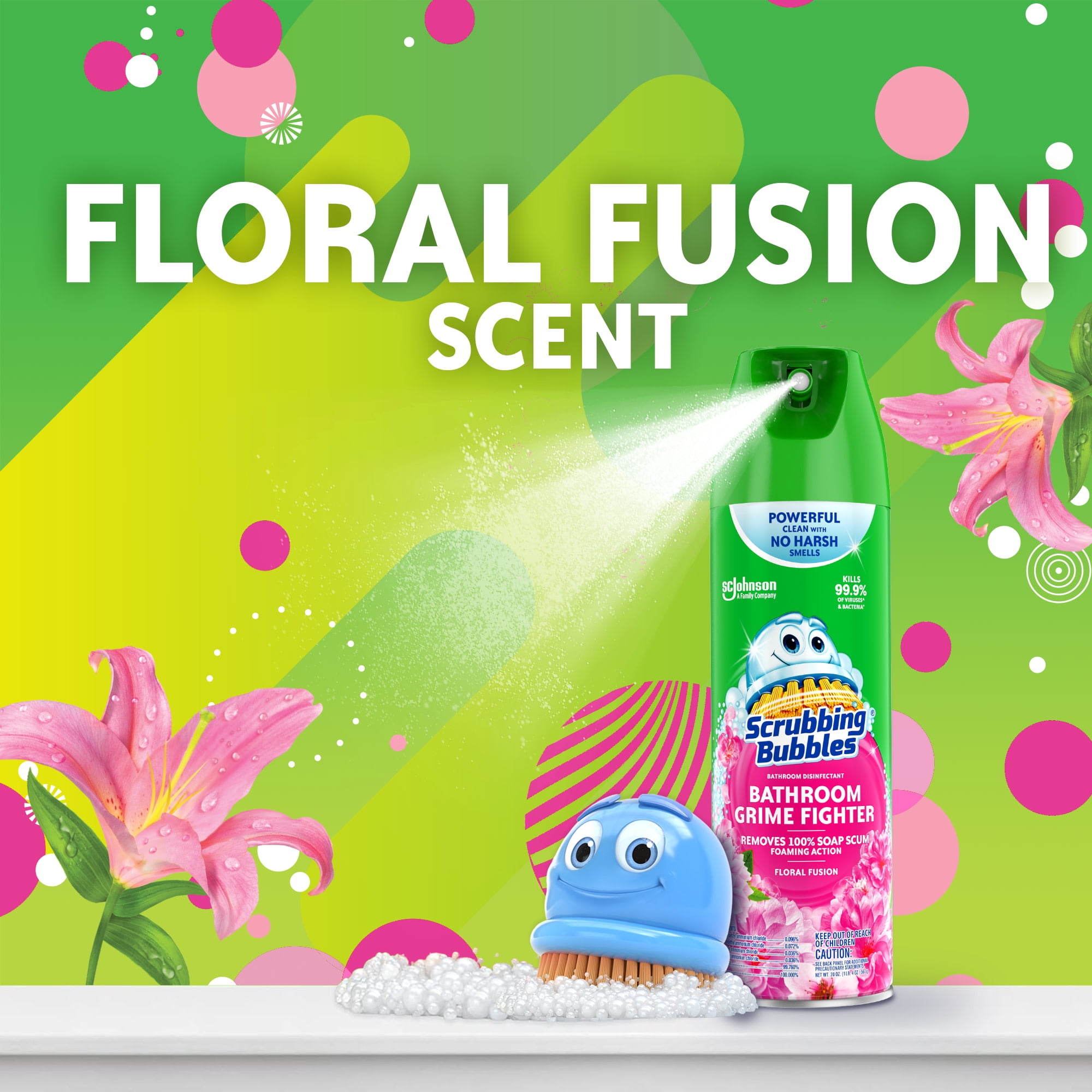 Scrubbing Bubbles Disinfectant Bathroom Shower & Tub Cleaner Grime Fighter Aerosol Spray, Floral Fusion, 20oz