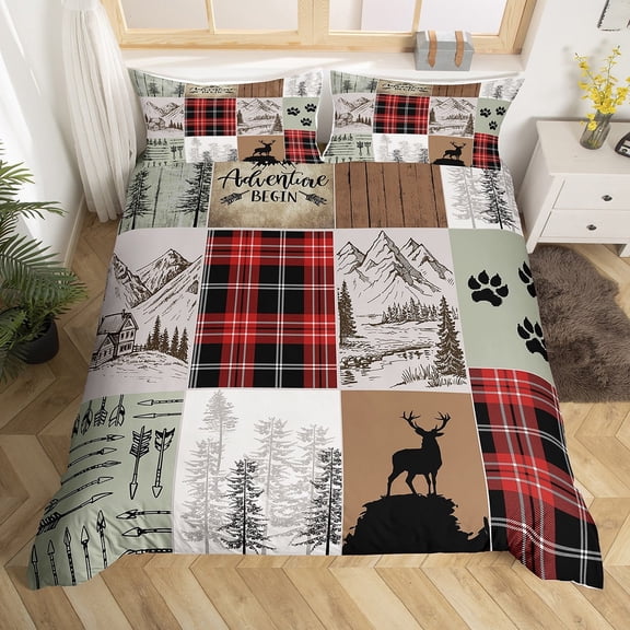 Rustic Deer Duvet Cover King,Patchwork Bedding Set for Kids Teens Adult,Checkered Buffalo Plaid Comforter Cover Woodland Wildlife Moose Bed Set Pine Trees Lodge Cabin Farmhouse Decor,Red