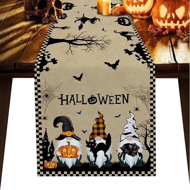 Halloween Table Runner, Halloween Crow Pumpkin Bat and Retro Backgound Rustic Table Runner for Holiday Birthday Party Kitchen Dining Table Home Decor, 14x72in