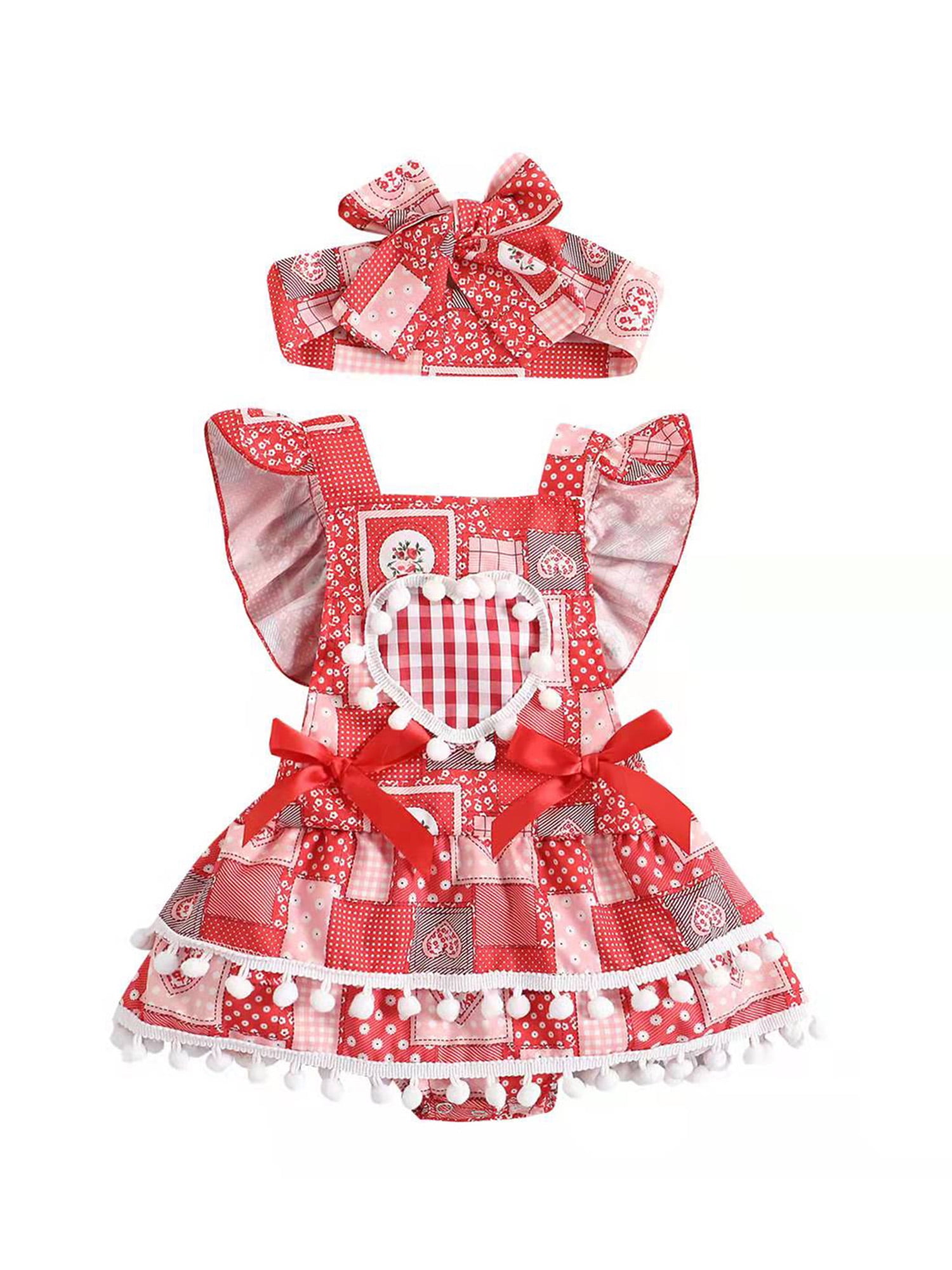 Newborn Baby Girls Heart Print Sleeveless Romper Dress Headband Outfits Set US