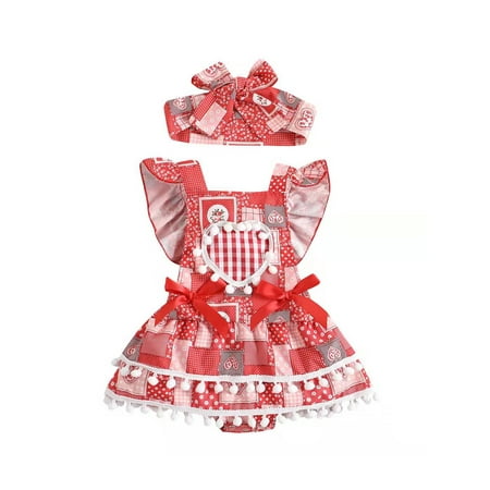 

Summer Baby Girl Playsuit Cute Plaid Print Heart Shape Fly Sleeve Tassels Layered Romper Headband