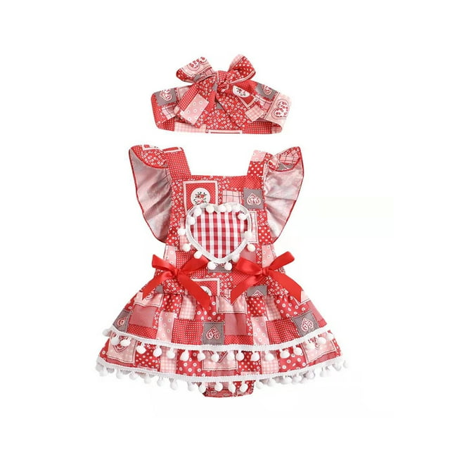 Xingqing Newborn Baby Girls Clothes 2Pcs Red Plaid Heart Print Sleeveless Romper Dress + Headband Princess Outfits