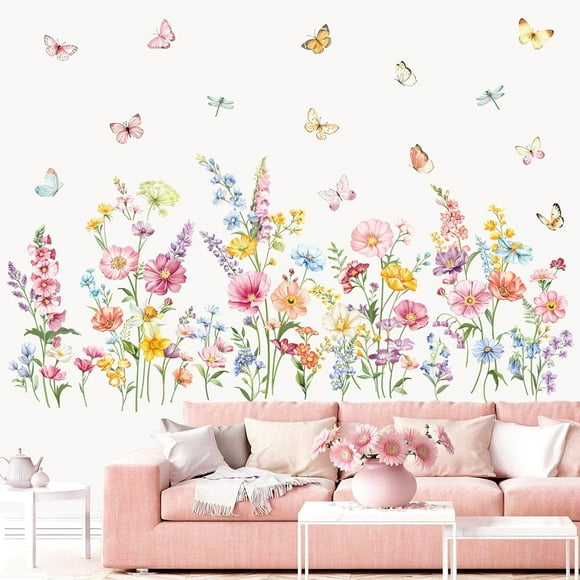 Autocollants Muraux Fleur de Décalcomanie Marguerite Herbe Sauvage Papillons Autocollants Muraux Chambre Filles Salon Bureau Décoration Murale