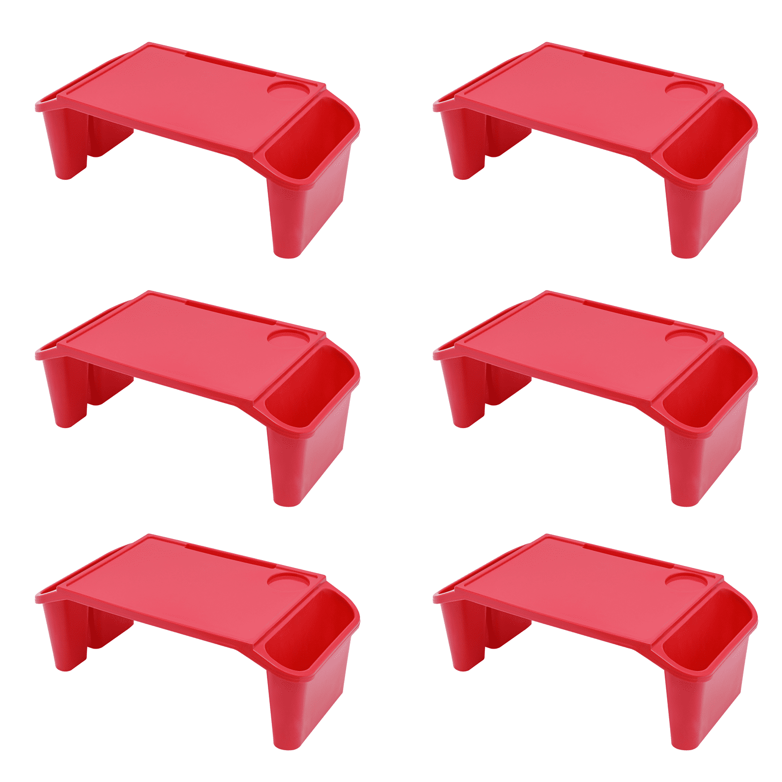 6 PCS Kids Lap Desk Tray, Portable Plastic Breakfast Trays with Side Pockets for Car, Home, Red