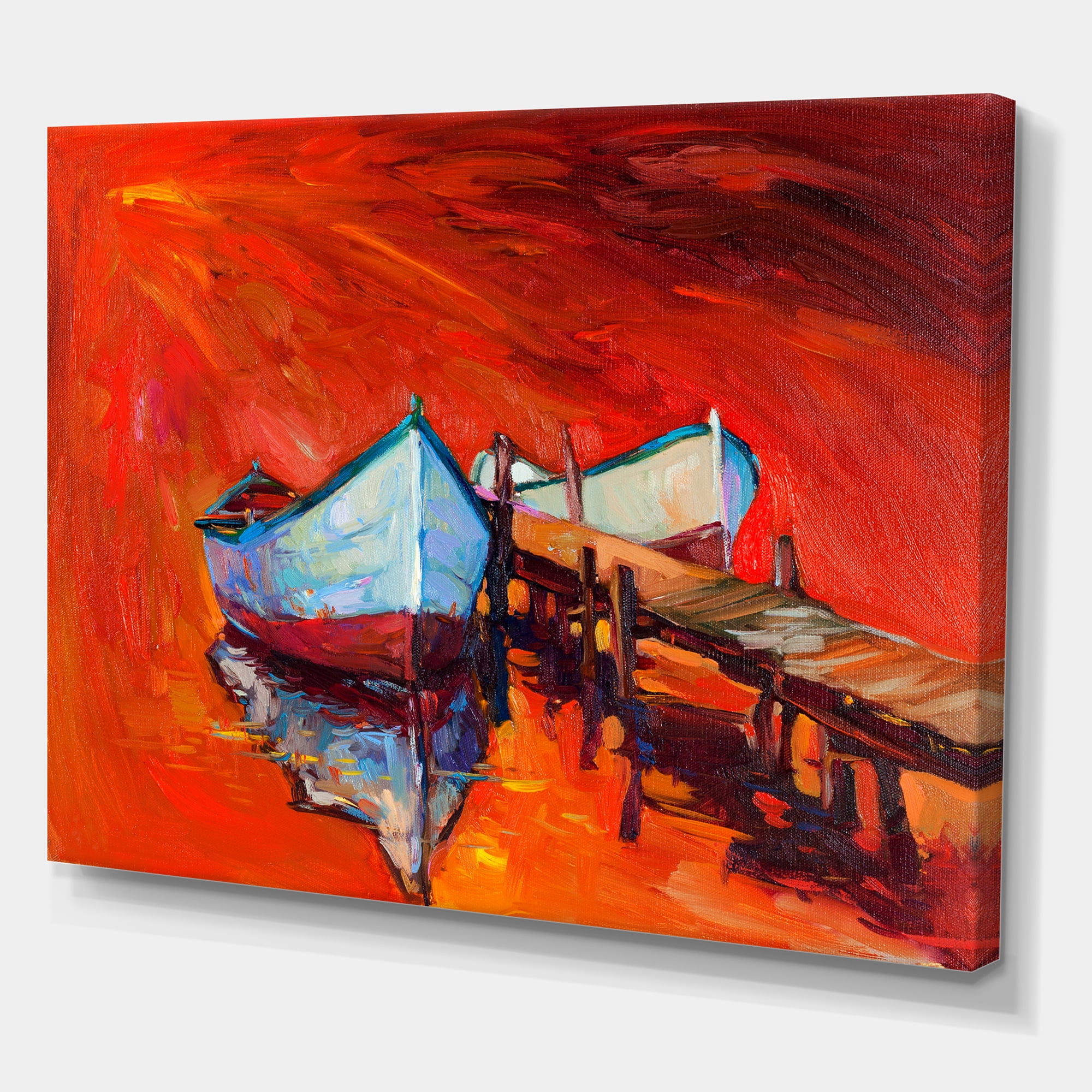 Designart ' Boats Near Coastal Town Resting On The Water IV ' Nautical & Coastal Canvas Wall Art Print
