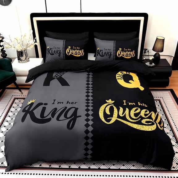 3PCS Duvet cover Set The soft (1 Duvet cover 2 Pillowcases without Pillow covers), Features high-definition digital printing of crown and letter patterns in a stylish black and gray color scheme.