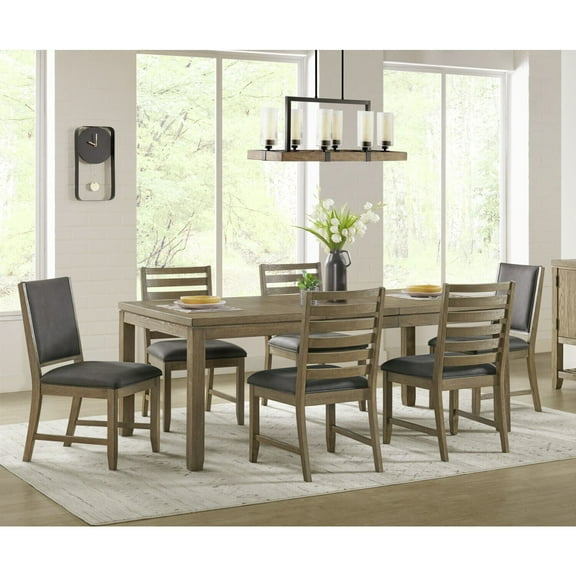 Extendable Dining Table Set 7Pc Acacia Wood Table & Chairs, Gray Upholstered Sidechairs