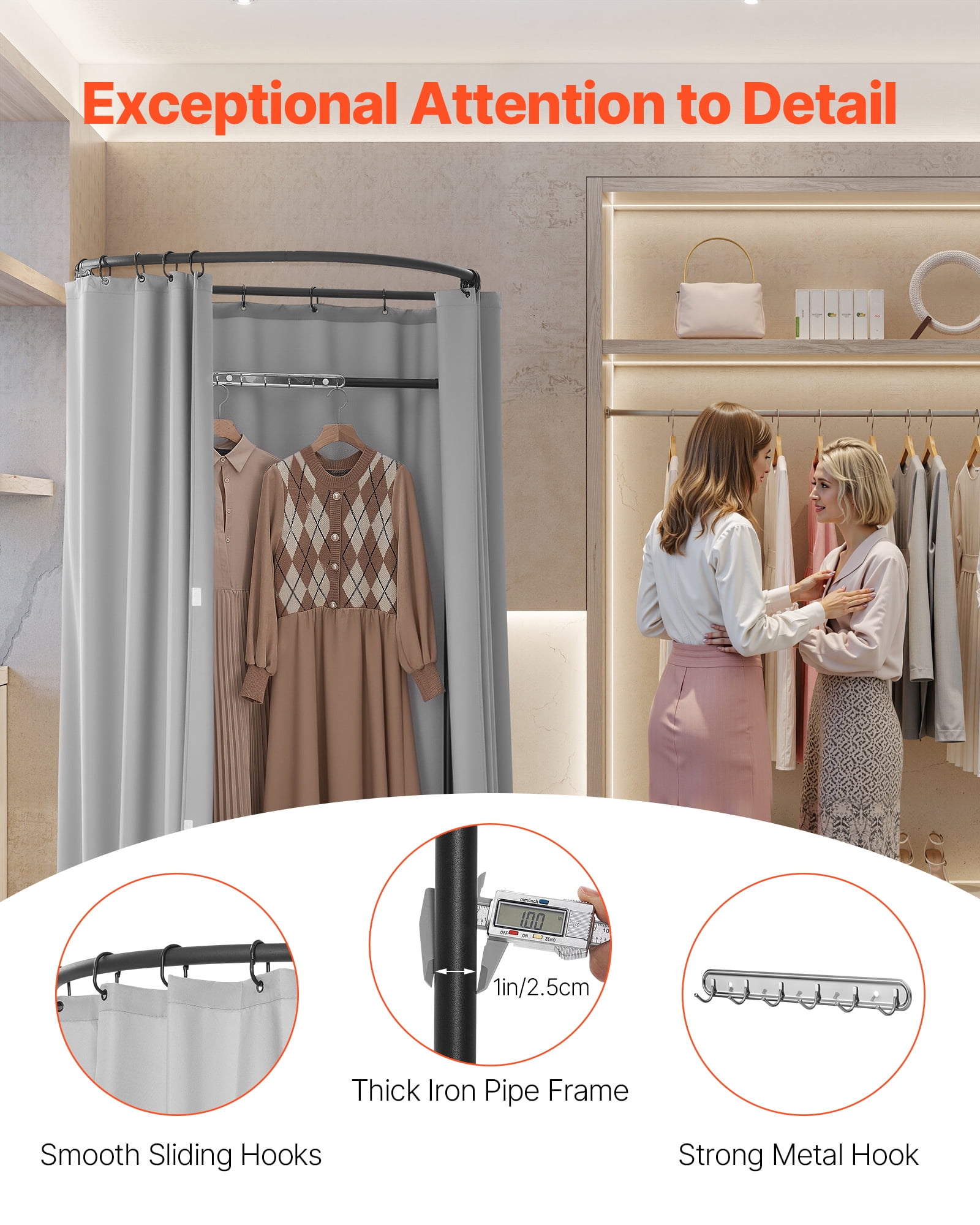VEVOR Fitting Room, Dressing Room with Thick Polyester Curtains, Privacy Space with Shading Curtain and a Hook, for Boutique, Mall, Tailor's Store & Outdoor 39 x 37 x 79 in (Black and Gray-White)