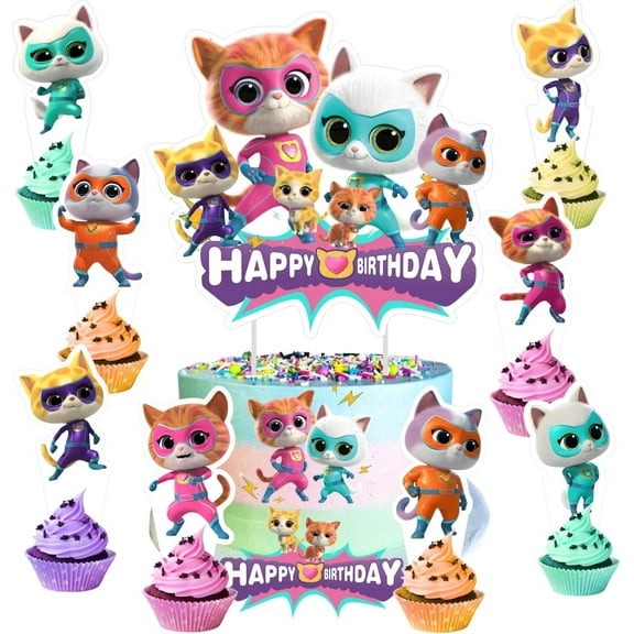 25pcs Super Kitties Birthday Decorations with 24pcs Cupcake Toppers, 1pcs big Cake Topper for Kitties Birthday Party Supplie