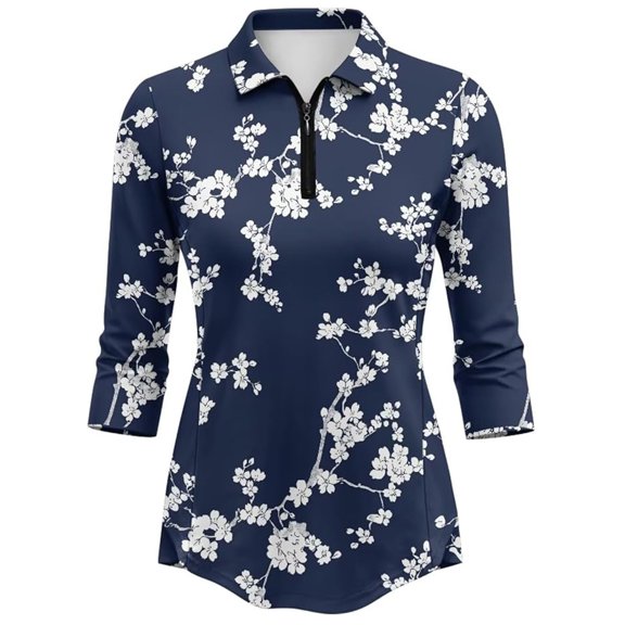 KHONTS Womens 3/4 Sleeve Polo Shirts Sun Protection Zip up Golf Shirt Tennis Tops Athletic Outfits Activewear Dark Blue XL