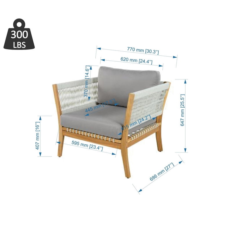 1Pcs Outdoor Acacia Wood Dining Chair with Woven Rope Armrests, Weather-Resistant Modern Accent Armchair with Thick Cushions