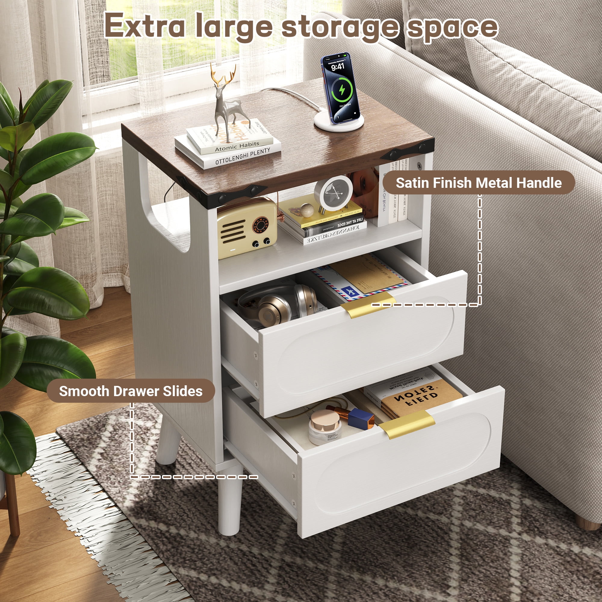 End Table with Charging Station, Smart LED Night Stand with 2 Wooden Drawers and Storage Shelf, Bedside Table with USB Ports & Outlets, for Living Room/Bedroom, White
