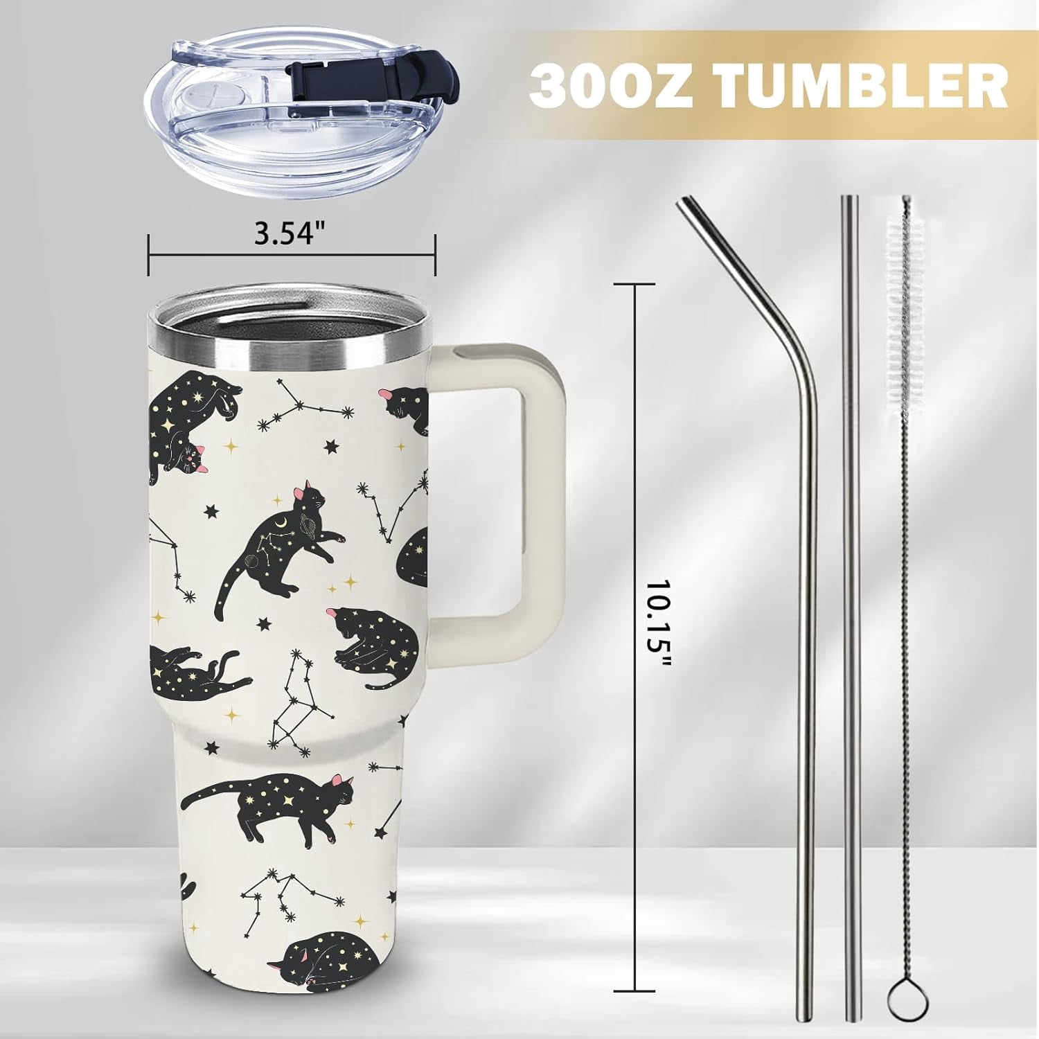 Cat Gifts for Women - Funny 30oz Black Cats Tumbler with Handle and Straws Stainless Steel Insulated Travel Coffee Mugs, Constellation Cat Themed Cups for Cats Lovers Birthday Christmas Gifts Cup