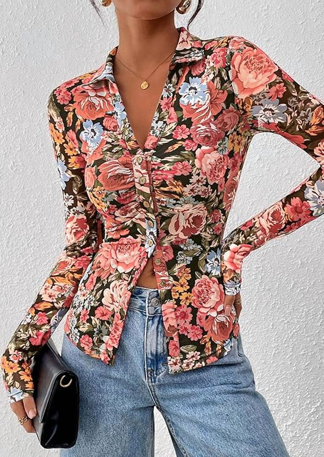 Prettygarden Women's Floral Button-Down Ruched Blouse photo 2