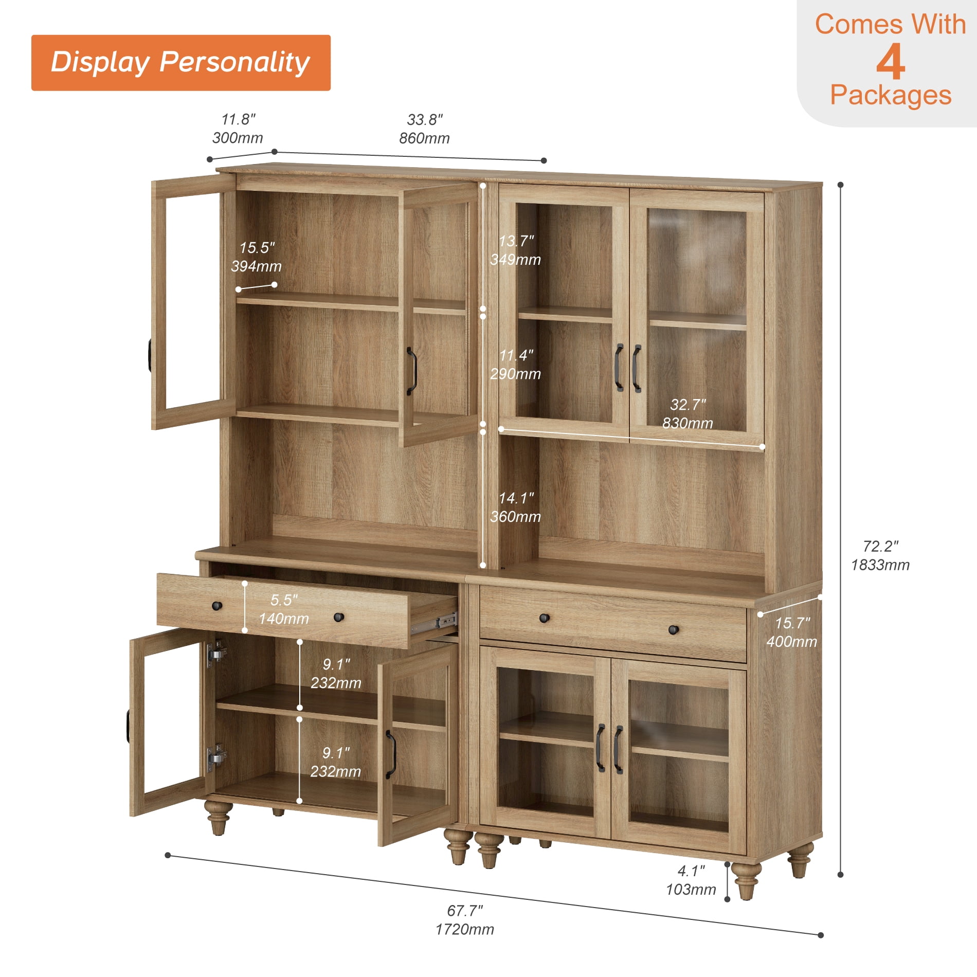 72.1"H X 67.7"W Large Farmhouse Bookcase with Glass Doors, Drawer & Bar Hutch, Wooden Bookshelf for Living Room, Bedroom, Home Office, Kitchen, Oak
