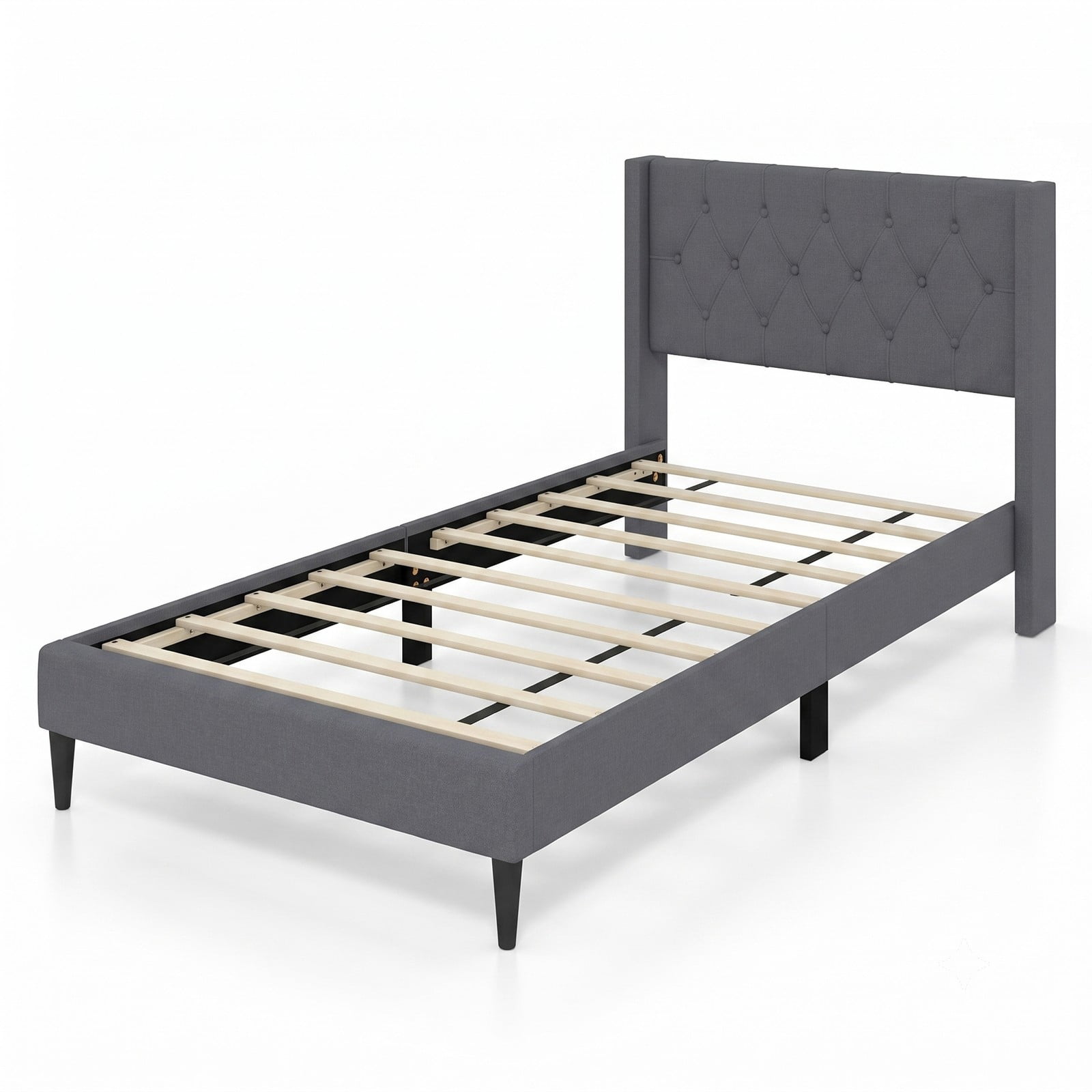 Furnibear Twin Bed Frame Upholstered Platform Bed with Button Tufted Wingback Headboard and Wood Legs, Gray