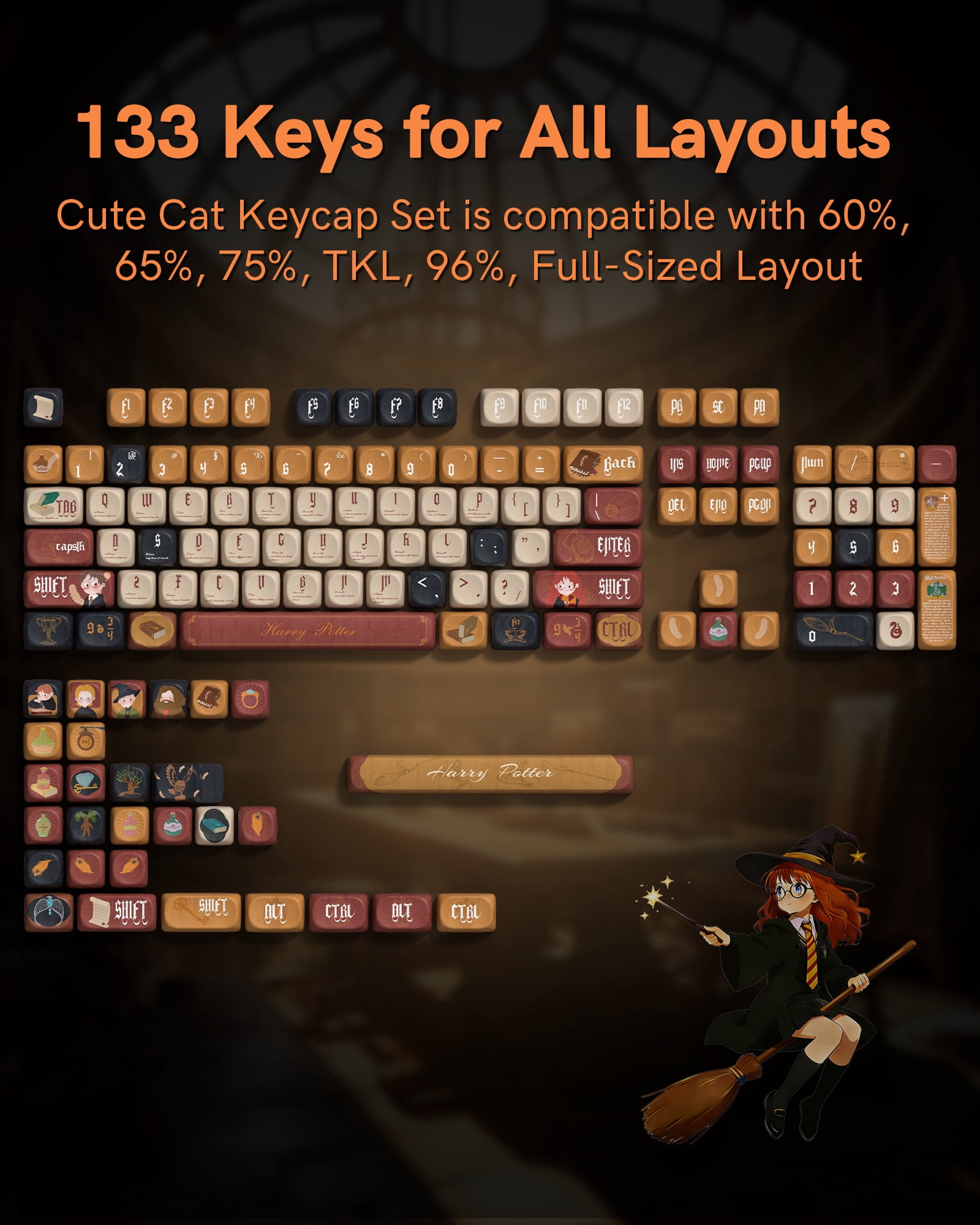 COSTOM PBT Keycaps 133 Keys Dye Sub Custom Keycap, Magic Academy Theme MOA Profile Keycap Set for 61/64/68/84/87/100/104/108 Mechanical Keyboards