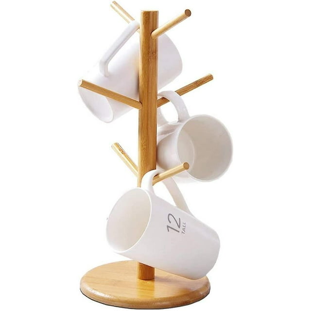 Árbol de soporte para tazas, soporte para tazas de café, soporte para árbol de tazas de bambú, secador de café con 6 ganchos, estante para tazas de madera de bambú, organizador de tazas de café, taza Afortunado Sencillez