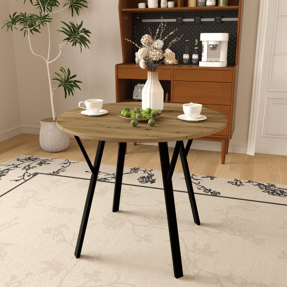 35 Inch Round Dining Table, Small Space Kitchen Table for 2-4 People, Modern Industrial Circle Table with Black Metal Legs & Brown MDF Top, Compact Dining Room Table