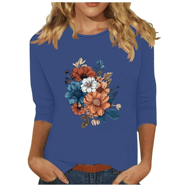 Tnhcen Chemises à Manches 3/4 Col Rond Imprimé Floral Automne pour Femmes - Basiques Décontractés Grande Taille P-3TG