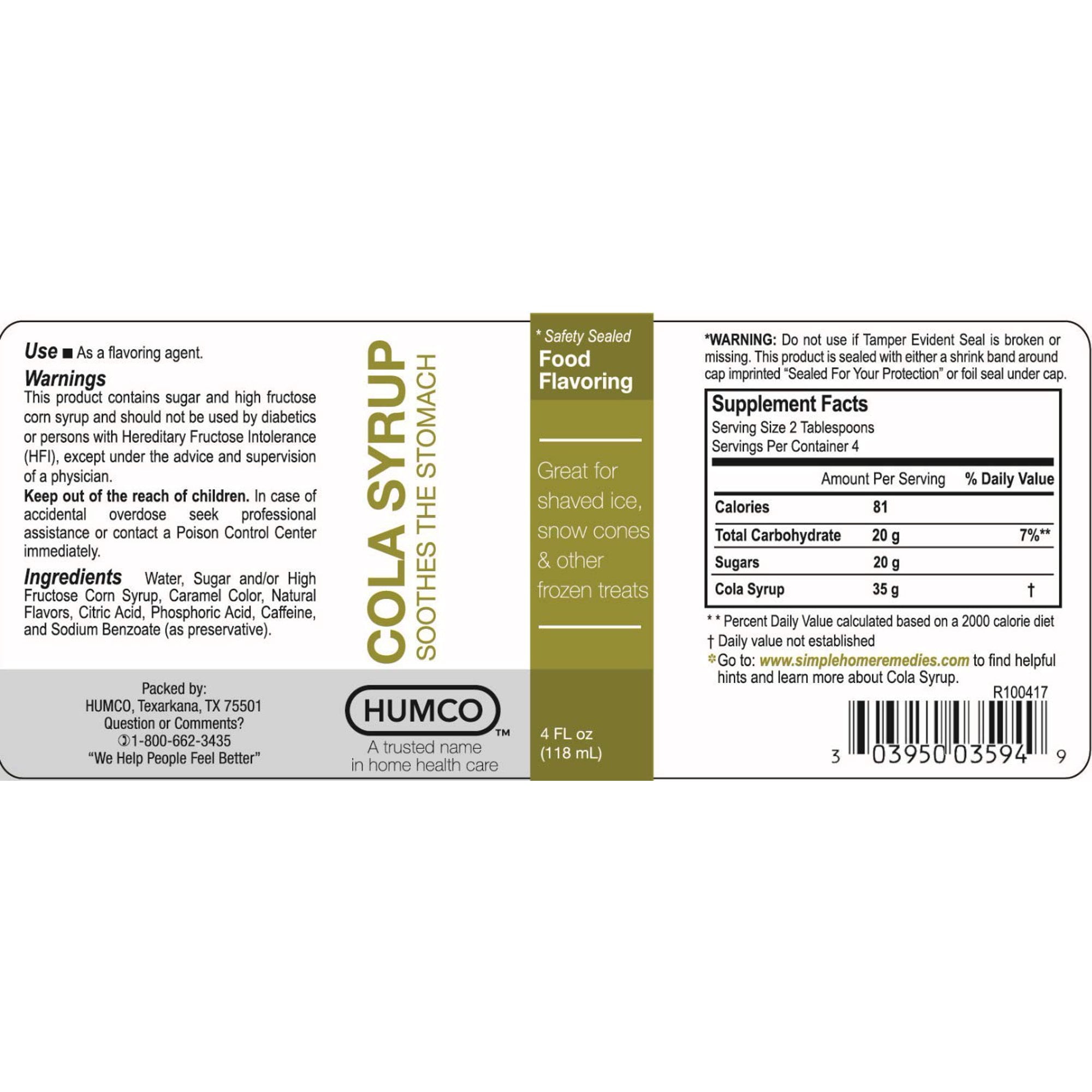 Humco Cola Anti-Nausea Syrup, 4 Fl. Oz.