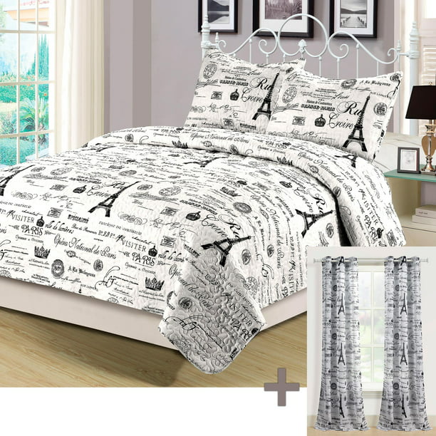 King Quilt Set with Matching Curtains 5 Piece Paris Eiffel Tower Black and  White