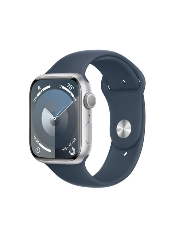 Restored Apple Watch Series 9 (GPS, 45mm) Silver Aluminum Case with Storm Blue Sport Band - S/M