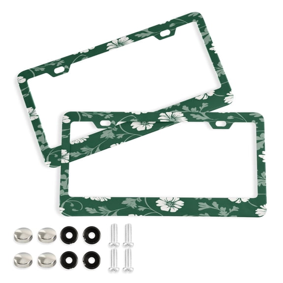 2-Pack Aluminum License Plate Frame with 2 Holes for GM License Plate Cover with Free Screws White Flowers on Green Background