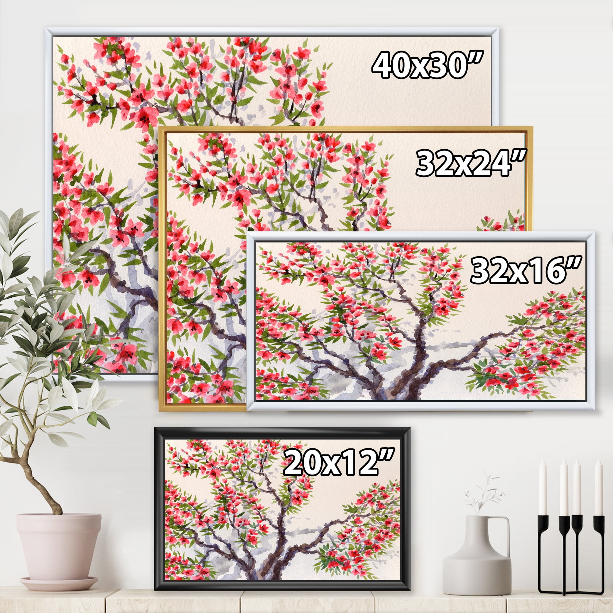 Designart 'Red Flowers On The Spring Blossoming Tree II' Traditional Framed Canvas Wall Art Print