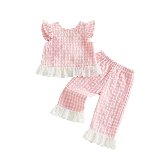 Loicainy Toddler Baby Girls Summer Outfits 6 12 18 24 Months 2T 3T Flying Sleeve Crew Neck Plaid Print Vest Tops and Elastic Waist Pants Clothes Set