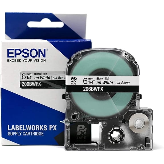 Epson LABELWORKS 206BWPX - Black on White PET Label Maker Tape - 1/4" (6MM) Wide, 30 ft