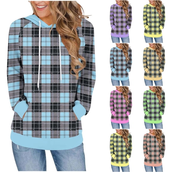 CFLVAEK Plaid Hoodies for Women Casual Drawstring Hooded Pullover Tops Loose Fitting Long Sleeve Hoodie with Pocket Fall Fashion Clothing 2025 Yellow S