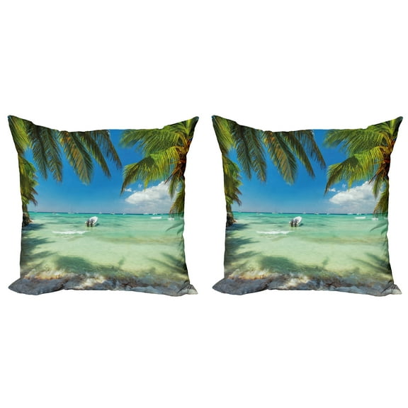 Ambesonne Tropical Throw Pillow Cover 2 Pack, Surreal Sea Palm Tree, 20", Fern Green Turquoise