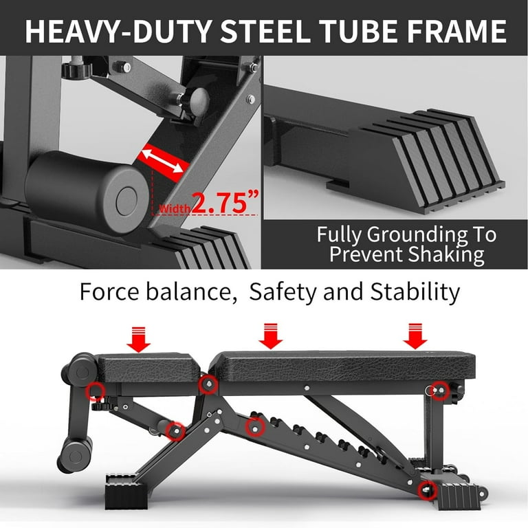 Adjustable Weight Bench 1100 LB Weight Capacity Heavy duty Workout Bench Extended Head and Neck Protection Design Foldable Flat Incline Decline