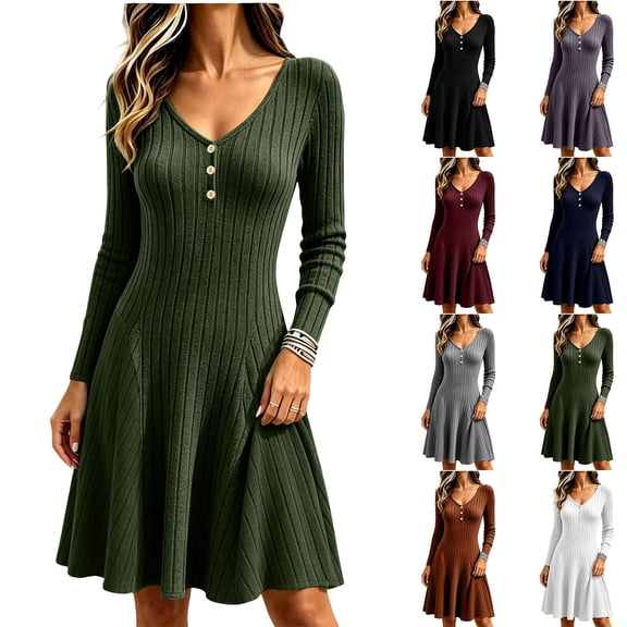 Tqcoqu Dresses for Women Long Sleeve Button V Neck Lightweight Ribbed Knit Casual Babydoll A Line Swing Flared Fall Dresses