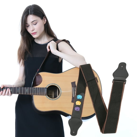 Raindrops Electric Acoustic Bass Guitar Strap 1Set Black Adjustable Built-in Pick Holder 165x2In Pu Leather