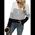 thumbnail image 2 of Suéter con Capucha y Media Cremallera para Mujer, Talla Grande, Color Block, Punto Acanalado, Cuello en V, Larga Gris XL, 2 of 10