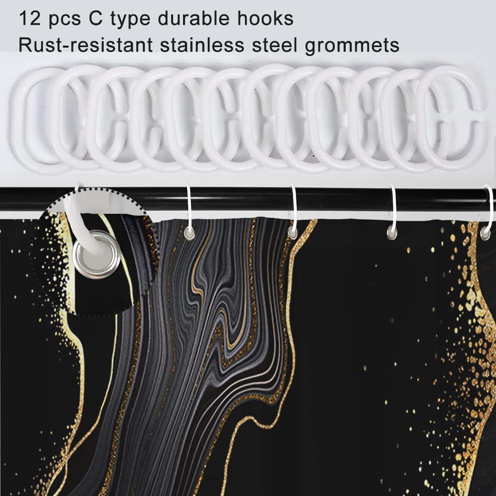 Marble Shower Curtain, Gold and Black Luxury Liquid Marble Shower Curtain Set for Bathroom Waterproof Polyester Fabric Modern Ink Texture Bathroom Decor with Hooks, 72x72 Inch
